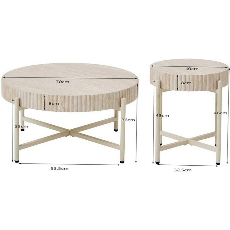 PPkrimnel Couchtisch Beistelltisch 2er-Set, Travertin-Optik, 70x36cm & 40x46cm (2-St), Metallrahmen für Wohnzimmer, Schlafzimmer und Büro – Bild 2