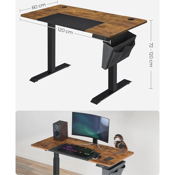 Songmics Höhenverstellbarer Schreibtisch, elektrisch, stufenlos verstellbar, gespleißte Platte, 4 Höhe gespeichert, Stofftasche, 120 x 60 x (72-120) cm, aus Stahl, vintagebraun-schwarz LSD015X01 – Bild 2