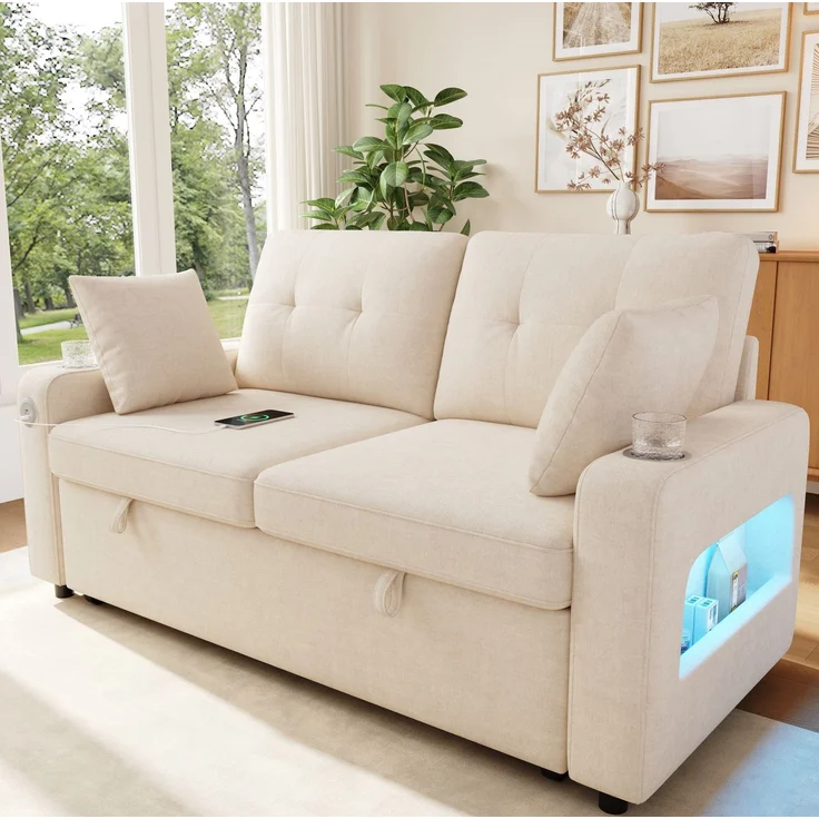 Schlafsofa 141,5x131x83,5 cm in Beige mit Schlaffunktion, LED und USB-Anschluss – Bild 1