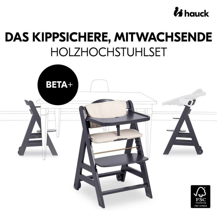 Hauck Hochstuhl Beta Plus Dark Grey - Newborn Set Premium (Set), Babystuhl ab Geburt mit Neugeborenen Aufsatz, Sitzpolster & Essbrett – Bild 2