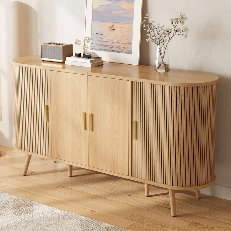 Merax Sideboard mit Schiebetüren an den Seiten, gebogenes Design mit vertikaler Rillenverkleidung, Griffleisten aus Metall, Aufbewahrungsschrank, Natur – Bild 7