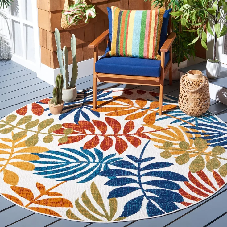SAFAVIEH Botanischer Teppich für Maschinenwaschbar und rutschfest - Innen - & Außenbereich - Cabana Collection, Kurzer Flor, Creme und Rot, 200x200 cm