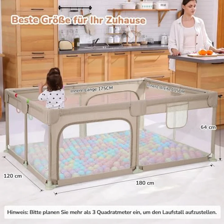 Dripex Laufgitter Laufgitter Laufgitter aus nachhaltigem Leinenstoff Laufgitter 120x180 cm XXL Kinderlaufgitter Großer Sicherheitsbereich mit 5 Laufgitterringen braun – Bild 8