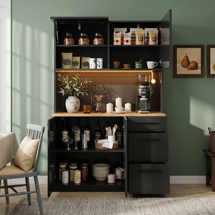 Buffetschränke, Esszimmer-Hochschrank 120×40×180 cm, mehrstufigem Stauraum, integrierter Steckdose sowie USB-C- und USB-A-Anschlüssen,Mit farbigem Lichtstreifen, Schwarz – Bild 3