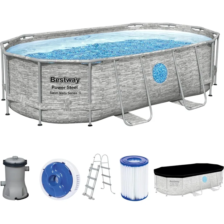 Bestway Power Steel Swim Vista Series Frame Pool Komplett-Set mit Filterpumpe 427 x 250 x 100 cm, Steinwand-Optik (Cremegrau), oval