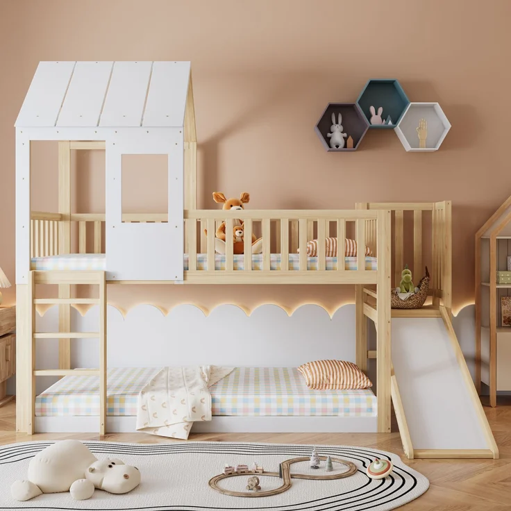 Merax Etagenbett mit rechtwinkliger Leiter und Rutsche, Hausbett mit Dach und Fenster, Kinderbett mit Fallschutz und Gitter, Rahmen aus Kiefer, Natur+Weiß (90x200cm) – Bild 1