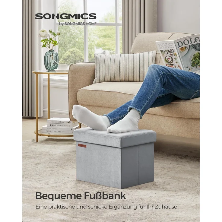 Songmics Sitztruhe mit Stauraum, Samt taubengrau, 31 x 31 x 41 cm – Bild 4