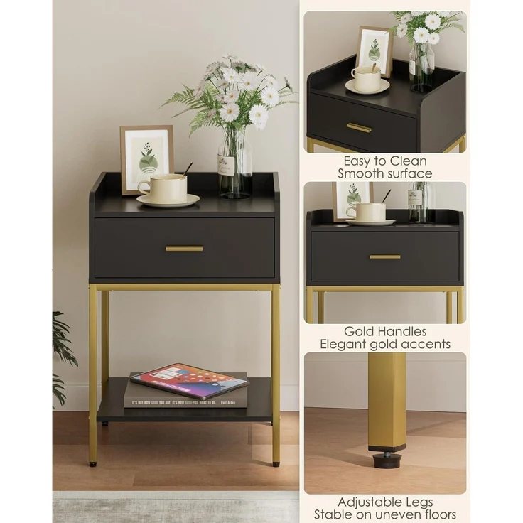 Schwarzer 3-Tier Nachttisch mit Schublade und Regal, Moderner – Bild 6