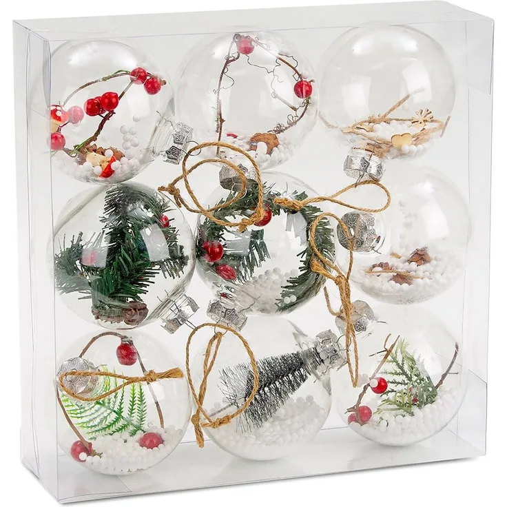 BRUBAKER Weihnachtsbaumkugel Christbaumkugel Set aus Acryl (9 St), Baumkugel Set mit Juteaufhängern, befüllte Weihnachtskugeln