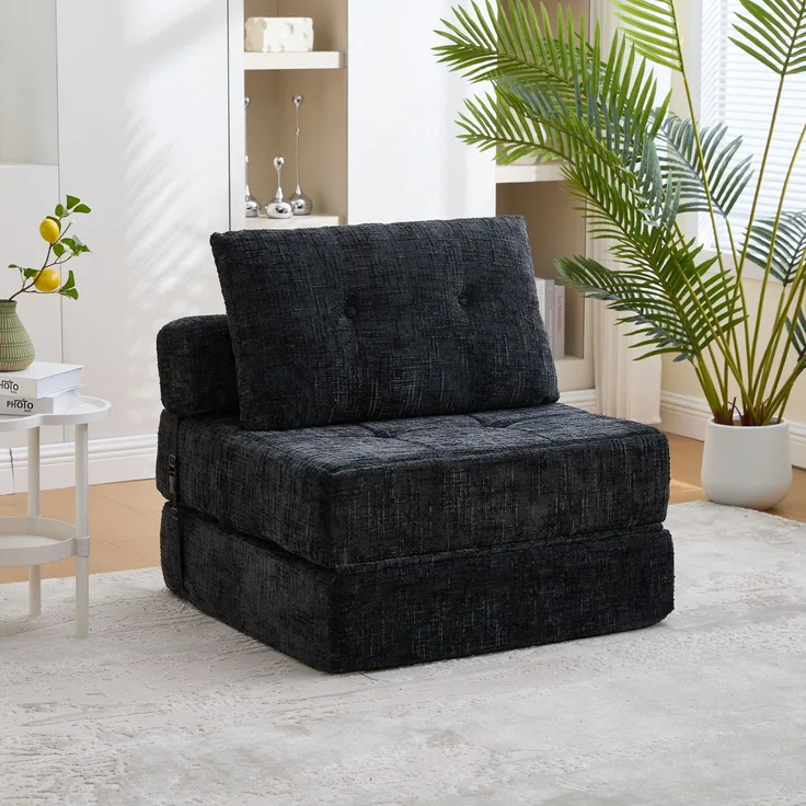Klappbares Schlafsofa Chenille Schwarz, 79x79x57 cm (aufgeklappt 79x180 cm)