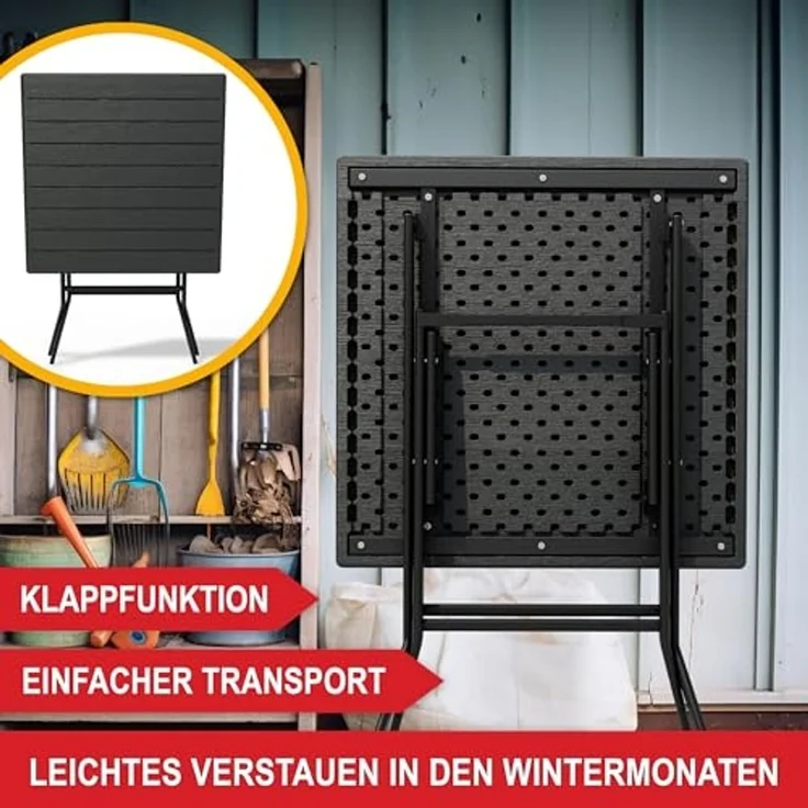 Onbest Balkontisch mit Holz Optik – klappbar – Campingtisch aus robustem Kunststoff – 80 kg Belastbarkeit – für Balkon, Garten & Terrasse – wetterfest – eckig – 56x61 cm – Bild 3