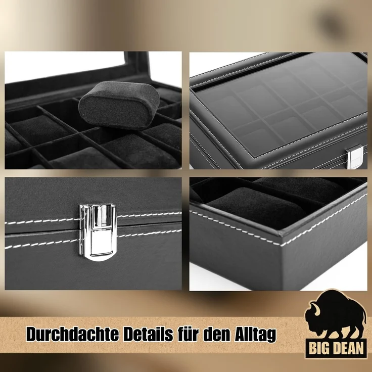 BigDean Uhrenbox für 12 Uhren Glasdeckel - schicke Uhrenbox Herren Watch Box (Packung, 1 St, Uhrenbox), Edle Optik, Kunstleder, Sammler, Samtfutter – Bild 5