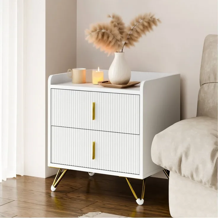 Mondeer Nachttisch Nachtkommode (1-St, 50 x 40 x 50 cm), mit 2 Schubladen, Kleiner Bettkasten in Weiß & Gold