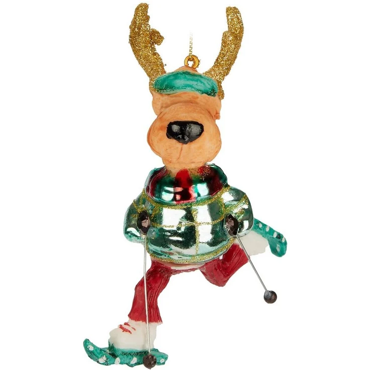 BRUBAKER Weihnachtsbaumkugel Elch Skifahrer - Handbemalte Weihnachtskugel aus Glas (1 St), 12,5 cm Baumkugel Skielch mit Brille und Snowblade Skiern