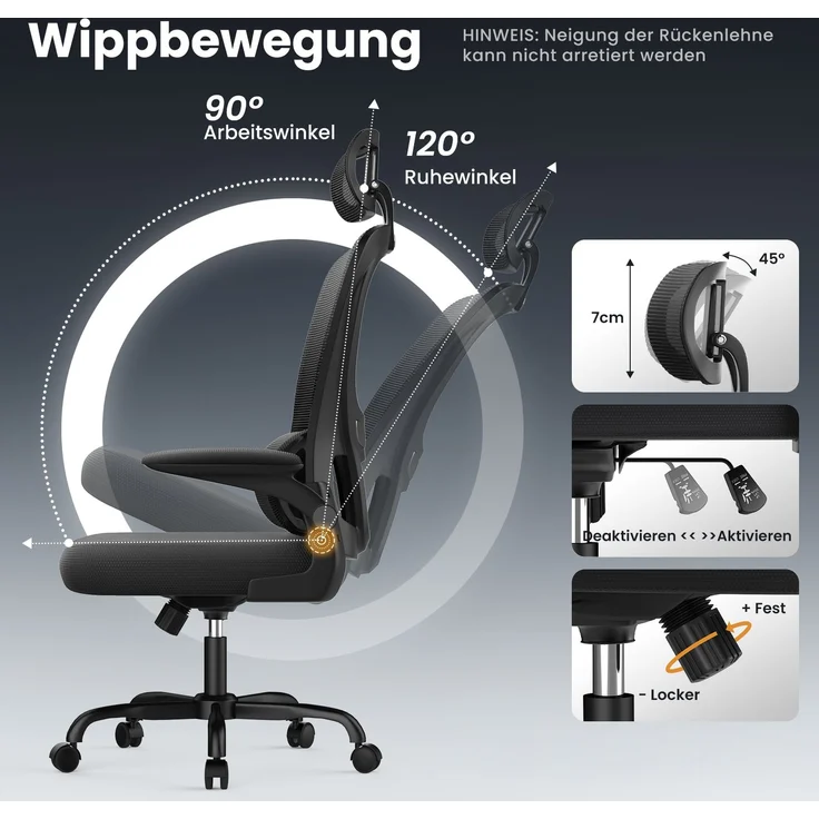 Botifly Ergonomischer Bürostuhl, Mesh-Gewebe, Schwarz, 90°-120° Wippfunktion, 10 cm Höhenverstellbar – Bild 4