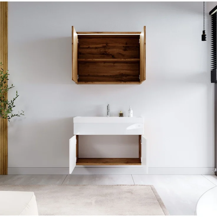Badplaats Badmöbel Komplettset Paso 02 80 x 40 cm Eiche mit Weiß Hochglanz - Badezimmermöbel mit Waschbecken und Spiegelschrank – Bild 3