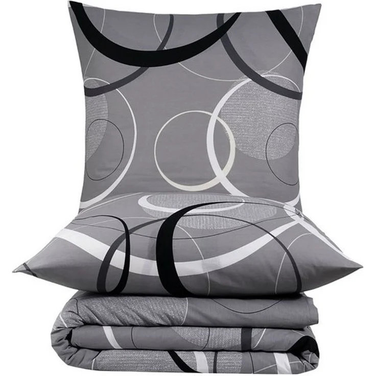 Buymax Bettwäsche Wave, Bettgarnitur, Bettbezug Set, Renforcé: 100% Baumwolle, 3 teilig, mit Reißverschluss, gemustert, Kreise, Grau, Schwarz, 200x220 cm – Bild 4