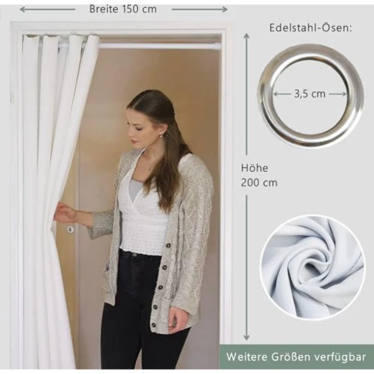 tinycurtains Türvorhang für alle gängigen Türgrößen, Thermovorhang (ohne Stange) Türgardine, Ösen (1 St), abdunkelnd, 100% Polyester, blickdicht weiß Purity 200x150cm Vorhang für Tür, Schrank & Fenster – Bild 3
