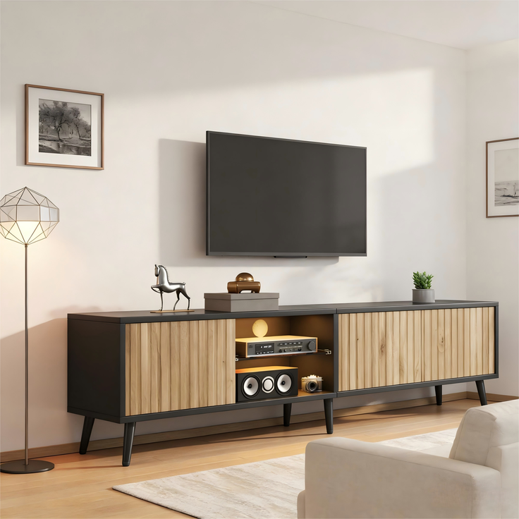Merax 175cm LED-TV-Schrank für das Wohnzimmer, Naturholzfarbe + Schwarz, lowboard mit 6 Stützbeinen, Schrank aus gehärtetem Glas, 3 Schränke für viel Stauraum, Geeignet für 75-Zoll – Bild 5