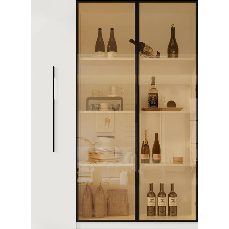 ZUBALIYA LED-Glasvitrine, integrierte LED-Beleuchtung, Türen aus gehärtetem Glas, ausziehbarer Seitenschrank auf Rollen, H 160 × B 110.5 × T 35 cm, Weiß – Bild 8