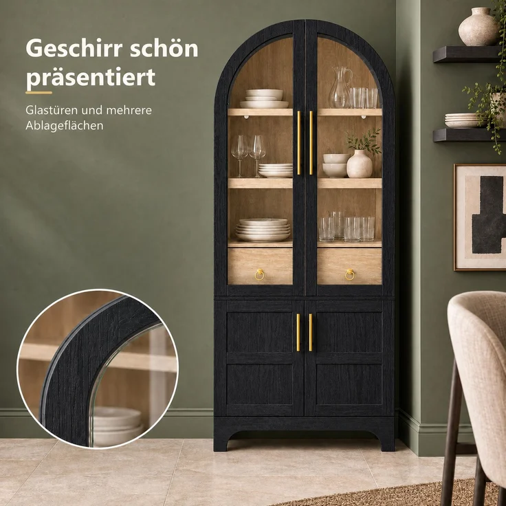 EINHOM Highboard mit verstellbaren Regalböden und Schublade, Küchenschrank mit Riffelglas und großem Stauraum, Ideal für Esszimmer, Wohnzimmer und Küche (Schwarz) – Bild 7