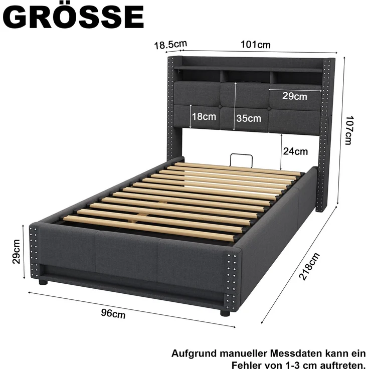 Einzelbett 90x200 cm mit LED-Beleuchtung, Ladefunktion und hydraulischem Stauraum – ohne Matratze – Bild 10