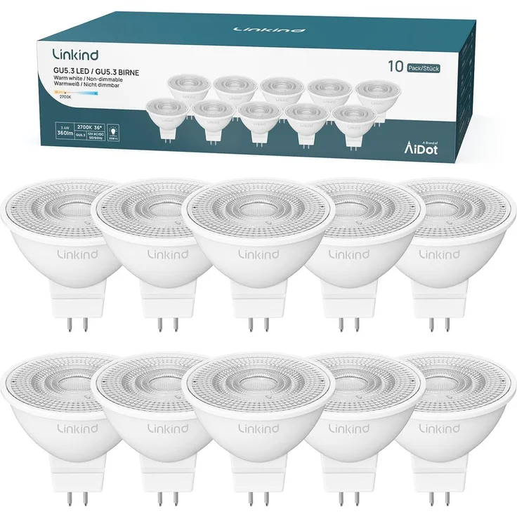 Linkind 12V GU5.3 Led 3.4W, 35 Watt ersetzt, 2700K Warmweiß 36° Abstrahlwinkel LED Spot MR16, 360Lm AC/DC 12V LED Leuchtmittel, 25,000 Std. Lebensdauer, Nicht dimmbar, 10 Stück