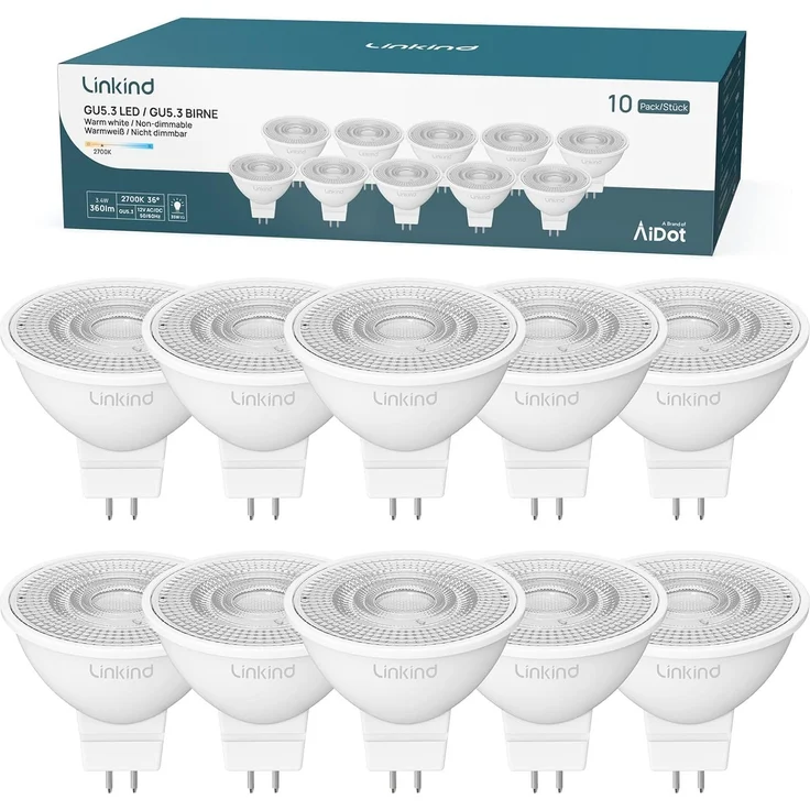 Linkind 12V GU5.3 Led 3.4W, 35 Watt ersetzt, 2700K Warmweiß 36° Abstrahlwinkel LED Spot MR16, 360Lm AC/DC 12V LED Leuchtmittel, 25,000 Std. Lebensdauer, Nicht dimmbar, 10 Stück – Bild 1
