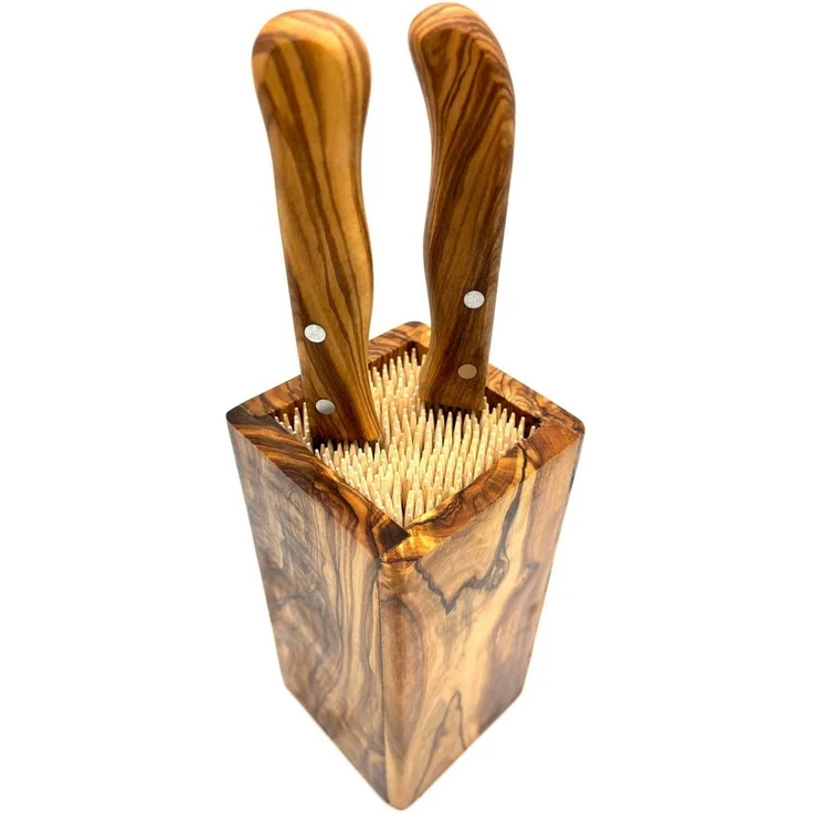 Olivenholz-erleben Messerblock DESIGN eckig, aus Olivenholz (1tlg), Flexible Holzspieße für sichere und schonende Messeraufbewahrung – Bild 2