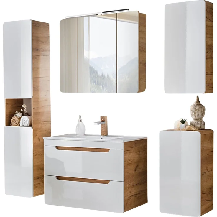 Badmöbel Set in Hochglanz weiß mit Wotan Eiche Nb. LUTON-56 mit Keramikwaschtisch, B/H/T ca. 180/200/46 cm – Bild 9