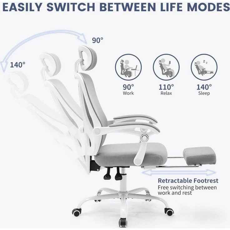 GarveeMore Bürostuhl Ergonomischer,Drehstuhl mit Fußstütze und verstellbarer Lordosenstütze, Home-Office-Stuhl,Gaming-Stuhl mit hoher Rückenlehne aus Netzstoff – Bild 3