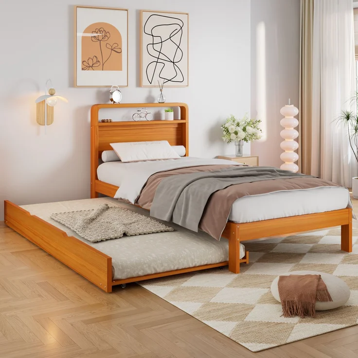 TavilaEcon Holzbett mit Ausziehbett und abgerundetem Kopfteil natur Liegefläche 90 × 200 cm – Bild 5