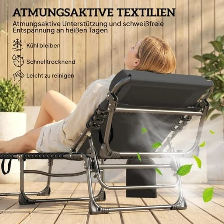 Outsunny Gartenliege mit 5-fach Verstellbar Rückenlehne, gepolsterter Matratze, Kopfstütze, Liegestuhl, 1 St, Sonnenliege, für Garten Terrasse Pool – Bild 6