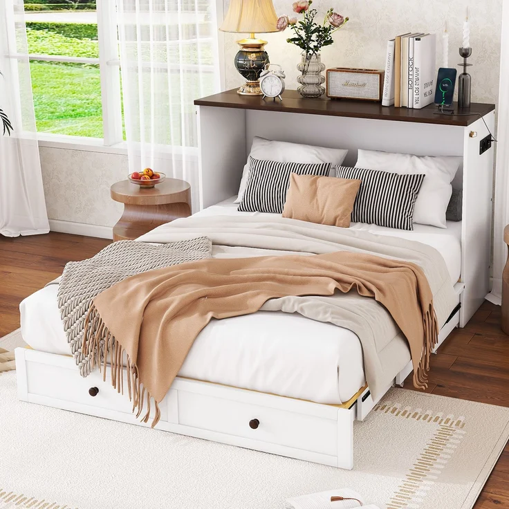 Schrankbett 140x200 cm mit Schublade und Regal, Klappbett mit integriertem USB-Anschluss und Steckdose, Bett mit Stauraum und Regalablag – Bild 2