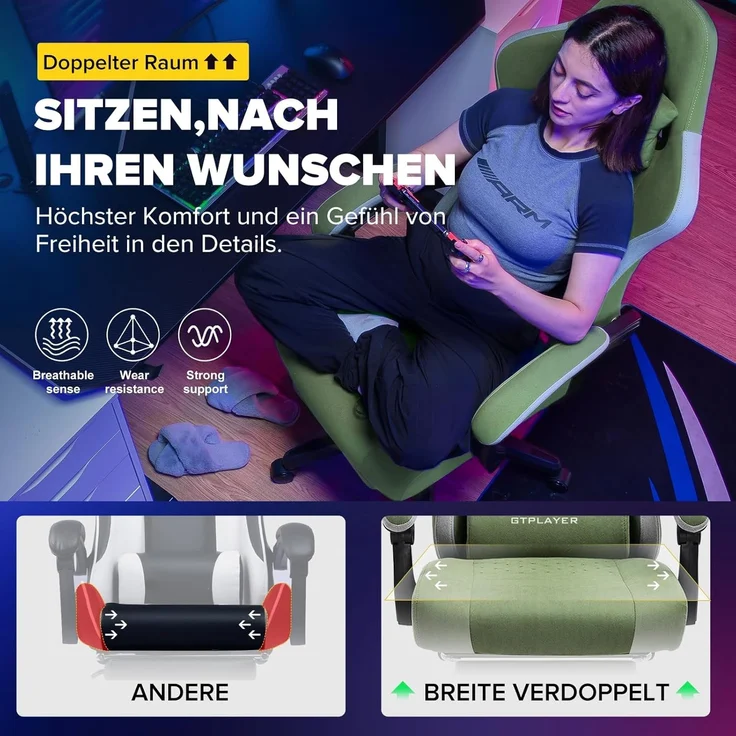 GTPLAYER Gaming Stuhl Ergonomischer Gaming Sessel Schreibtischstuhl mit Stoffoberfläche, Federsitzkissen, Verbindungsarmlehnen und Fußstütze grün – Bild 3