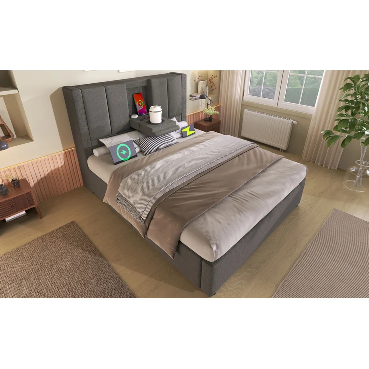 Kompakt Einzelbett mit Klapp-Kopfstütze & Ladestation, Leinen, 90x200 cm, Grau, ohne Matratze – Bild 2