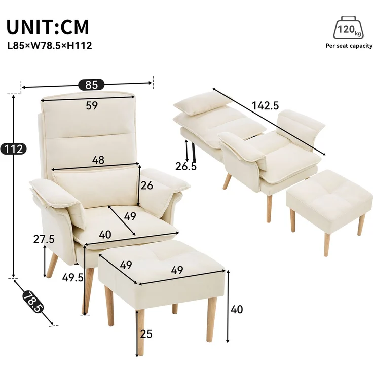 Merax Relaxsessel mit Hocker, 5-fach verstellbarer Liegesessel, gepolsterter Lesesessel & Fernsehsessel mit Kopf- und Armlehnenkissen, Polstersessel mit Holzbeinen, Beige – Bild 4