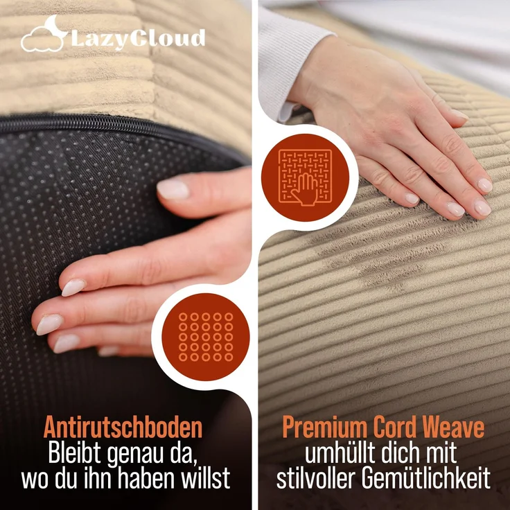 LazyCloud Sitzsack für Erwachsene mit integrierter [Nackenstütze] Cord | XXL Indoor Bean Bag mit Füllung | perfekt als Chill-, Lese- oder Gaming Sessel (90 x 80 x 70 cm) (Sandbeige) – Bild 5