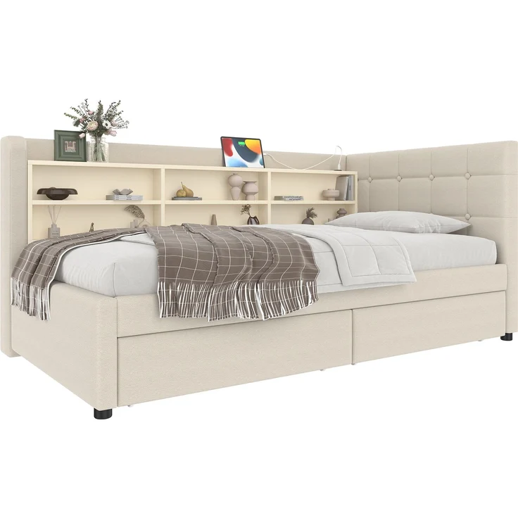 Daybett 90x200 cm mit 2 Schubladen, USB- & Typ-C-Anschlüssen, gepolstertem Leinenbezug und elegantem Knopfdesign, Beige – Bild 7
