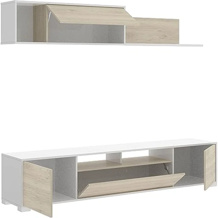 Dmora - Gruf Wandsystem, TV-Ständer-Wohnzimmerset, Mehrzweck-Wohnzimmermöbel, 200x41h180 cm, Eiche und Weiß – Bild 5