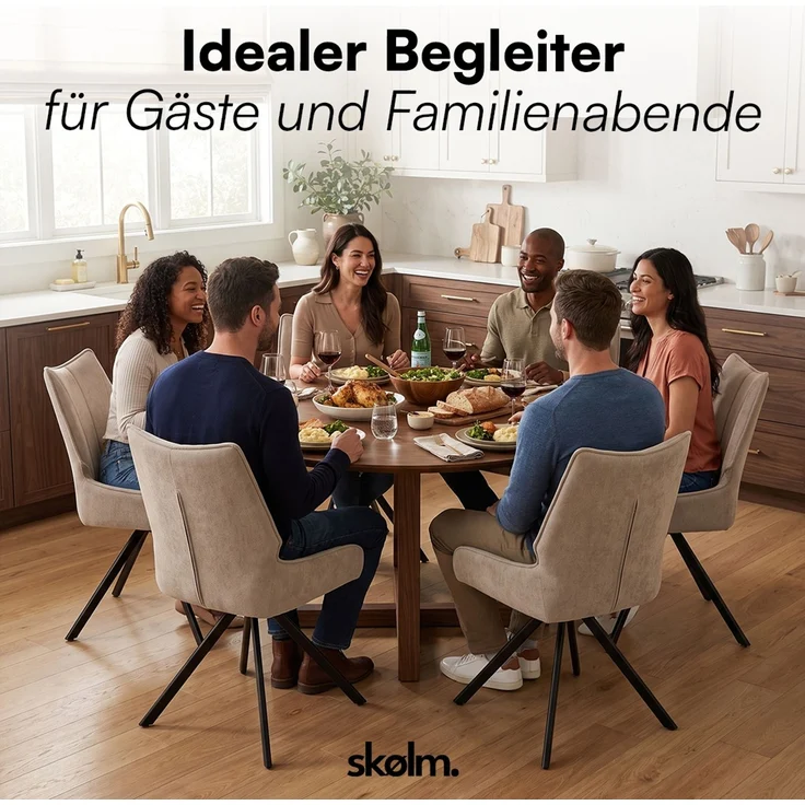 skølm 'Freyja' Esszimmerstühle, 6er Set, hellbraun, gepolsteter Leinenbezug, höhenverstellbar & drehbar, Polsterstühle mit Armlehnen – Bild 9