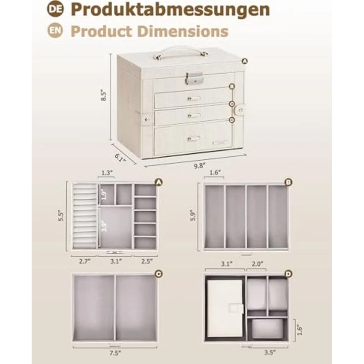 Yorbay Schmuckkasten Schmuckkoffer mit 4 Ebenen/2 Seitenfächern, Cremeweiß mit Holzmaserung (Abschließbar, Mit herausnehmbarer Mini-Box, Mit Spiegel), Schmuckkästchen für Halsketten/Uhren/Ringe/Armbänder/Ohrringe/Brille – Bild 2