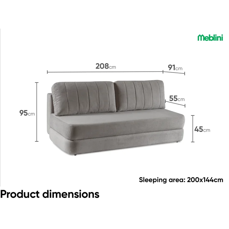 MEBLINI Sofa mit Schlaffunktion – ORBIS – 211x103x93cm – Grau Plüsch – Schlafcouch Ausziehbar - Schlafsofa mit Bettkasten - Sofabett - Couch mit Schlaffunktion – Klappsofa – Bild 6