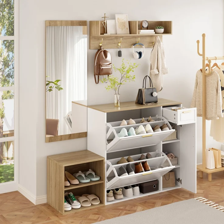 4-teiliges Garderoben-Set – mit Schuhschrank, Sitzbank, Wandgarderobe & Spiegel, komplettes Flurmöbel-Set für Diele und Eingangsbereich, Maße: B139.5 x T35 x H166 cm--Natur + Weiß--130x30x174cm--YOUDENOVA – Bild 1