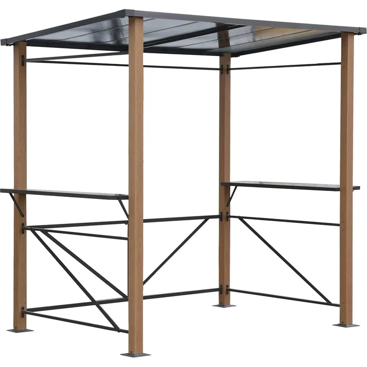 LECO Luxus-Grillpavillon, Aluminiumgestell anthrazit mit Holzoptik, Polycarbonat-Dach grau-transparent, 2,35x1,50m