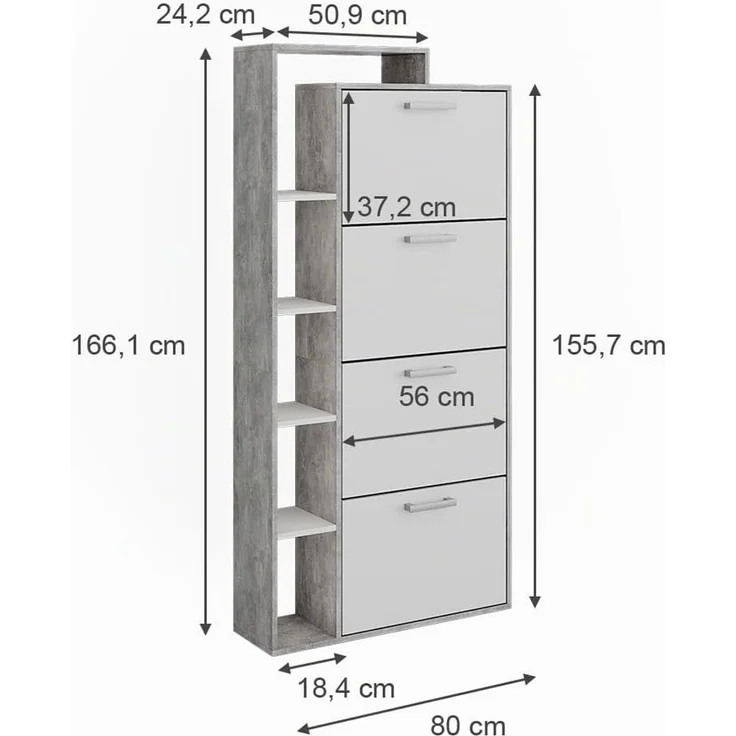 Schuhkipper Orlando Weiß/Beton 80 x 166.1 cm mit 4 Fächern Vicco – Bild 3
