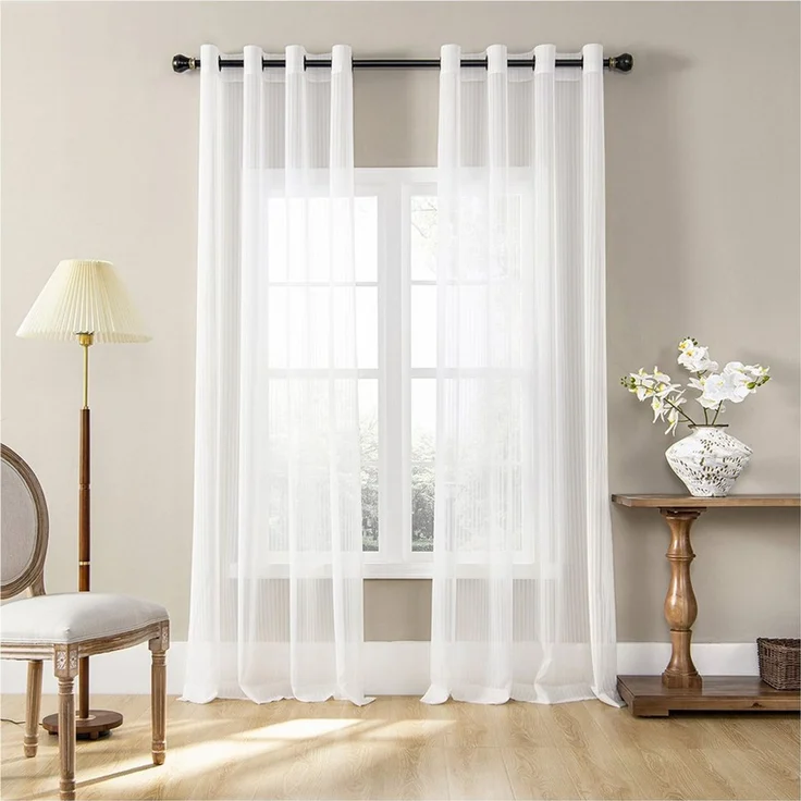 TUWENA Gardine 2er Set Vorhänge Gestreifte Gardinen mit Ösen, Voile Gardinen Weiß, Blickdicht 80% Lichtdurchlässig Gardine Vorhang für Schlafzimmer – Bild 1