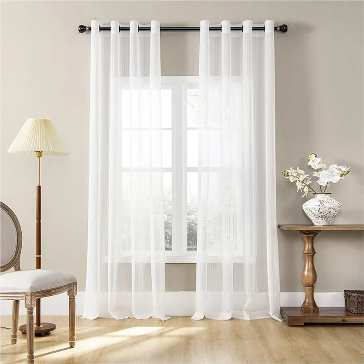 TUWENA Gardine 2er Set Vorhänge Gestreifte Gardinen mit Ösen, Voile Gardinen Weiß, Blickdicht 80% Lichtdurchlässig Gardine Vorhang für Schlafzimmer