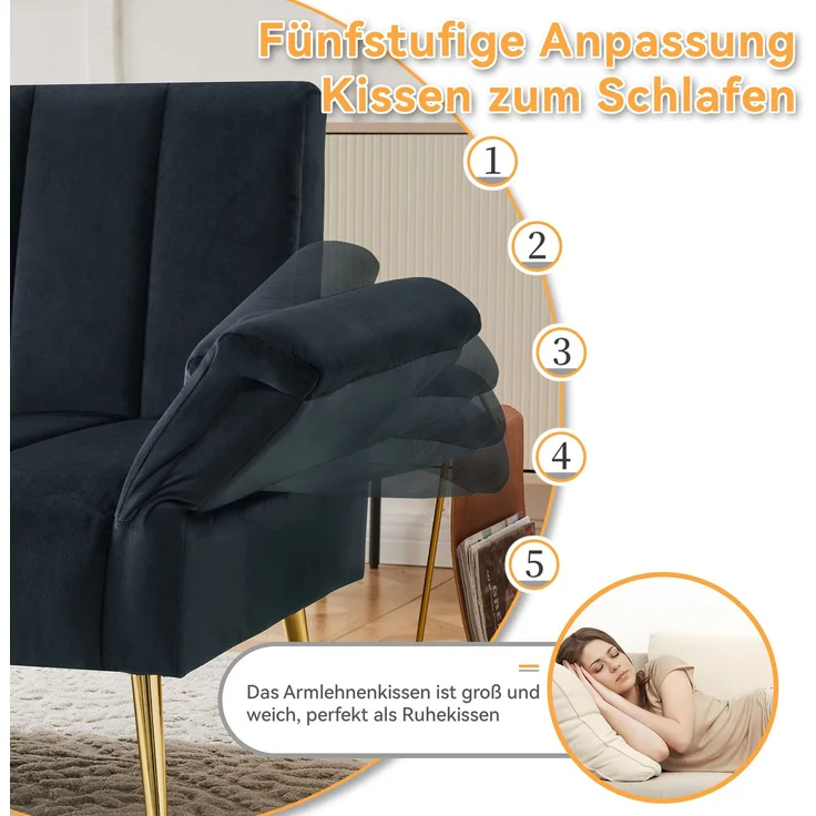 Schlafsofa 183 x 76 x 75 cm, 5-fach verstellbare Rückenlehne & Armlehnen, Samtstoff, multifunktionales Sofa mit Metallfüßen, bequemes Gästebett,Schwarz – Bild 8