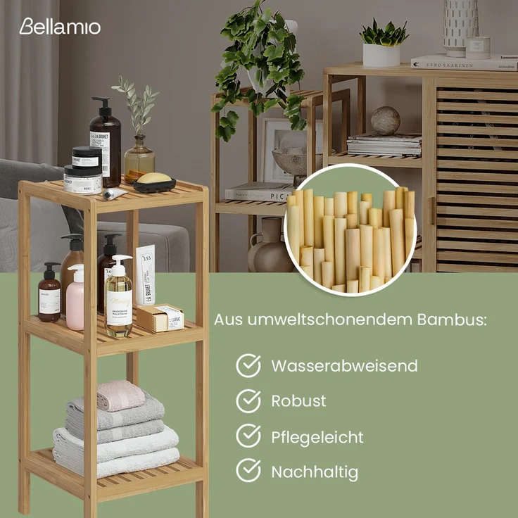 Bellamio 'Newa' Badezimmer Regal, Bambus, natur, 80x33x33 cm, Badregal mit 3 Ablagefächern – Bild 3